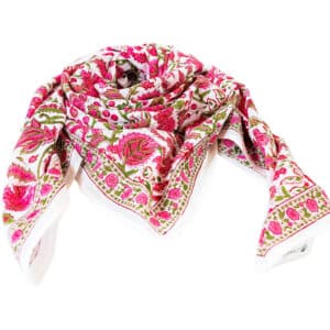 foulard carré en coton rose imprimé au block print